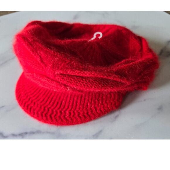 Red Beret Hat Rabbit Hair Cable Knit Newsboy Cap Retro Vintage 90s Y2K Funk - Picture 2 of 8